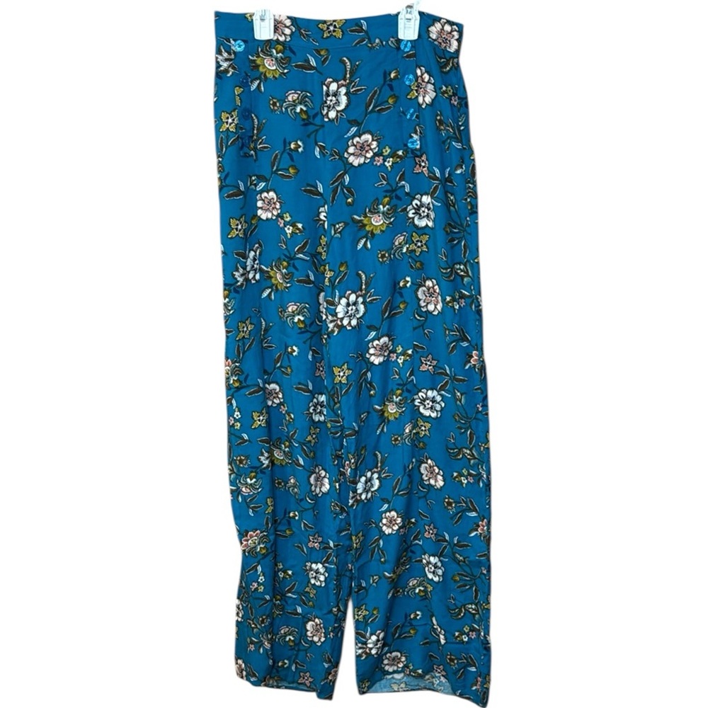 Wide leg Floral Paisley Elastic Pull-on Pants Women’s Medium Blue Brown Cream